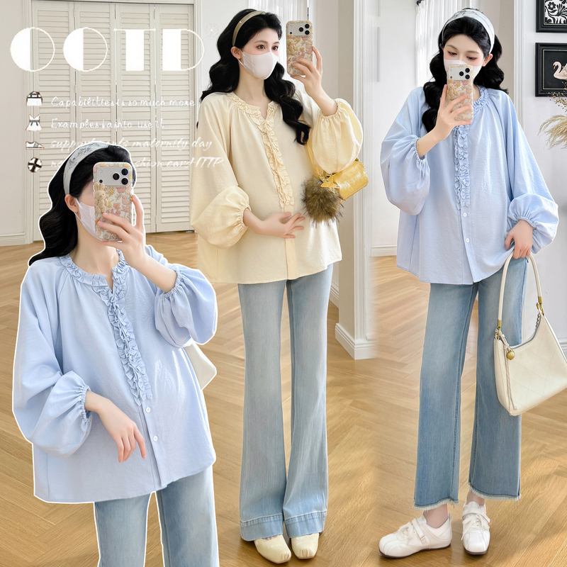 Maternity Wear Autumn Outfit 2026 Autumn and Winter New Fashion Stylish V-Neck Ruffled Long-Sleeve Babydoll Top Maternity Wear Autumn Outfit 2026 Autumn and Winter New Fashion Stylish V-Neck Ruffled Long-Sleeve Babydoll Top