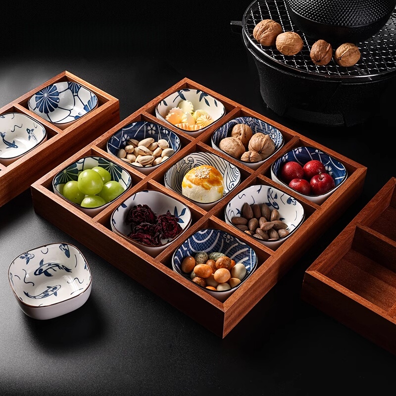 German Nine-Compartment Tray Solid Wood Fruit Tray Snack Tray Tea Tray Wooden Tray for Brewing Tea Around the Stove