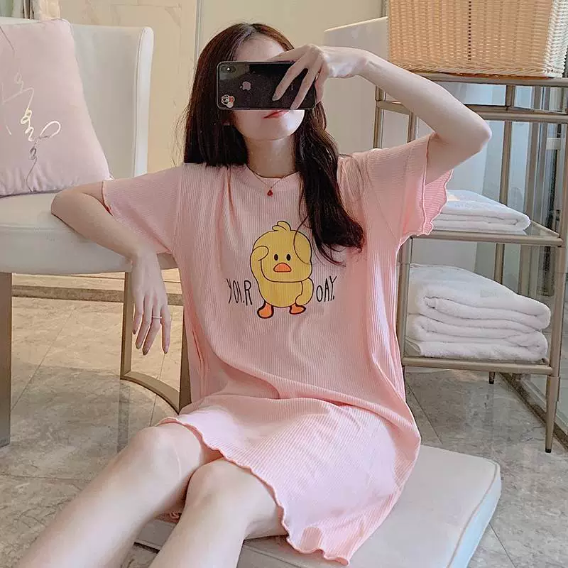 Đồ ngủ của phụ nữ mùa hè cotton tinh khiết mỏng váy ngủ sinh viên ngắn tay tươi và đáng yêu cotton lỏng lẻo ngọt ngào dịch vụ tại nhà Hàn Quốc - Đêm đầm