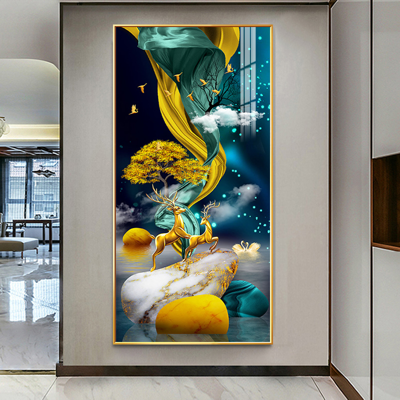 Home entrance decorative painting Simple modern high-grade corridor corridor mural Living room vertical version of fantasy hanging painting Light luxury deer