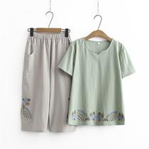 Middle aged mother Xia loaded with two sets of aging foreign air suit pure cotton short sleeve T-shirt female cotton linen blouse thin with big code