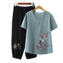 Middle-aged and elderly Xia loaded womens mother fitted short sleeve T-shirt 60-70 years 80 old mans clothes female cotton numb dress suit