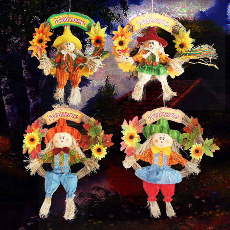 Halloween decoration scarecrow wreath festival hotel mall classroom decoration hanging straw wreath props