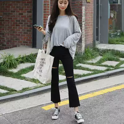 Black high-waisted micro-lapped jeans women's ripped autumn new student Korean loose thin nine-point trumpet trousers