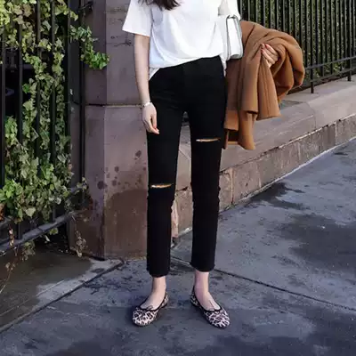 Break hole jeans female spring model 2021 New High waist thin black loose straight tube nine-point pipe pants spring and autumn