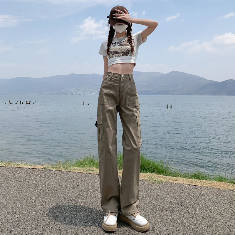 Women's Cargo Pants 2026 New Summer Khaki Loose Straight Drape Casual Versatile Wide-Leg Floor-Length Denim Trousers