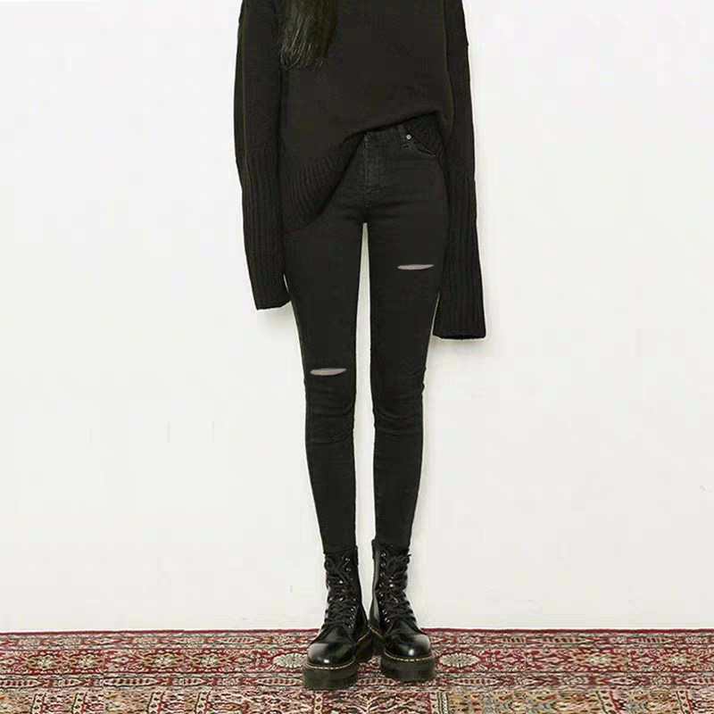 Jeans women's 2021 spring and summer new high-waisted Korean slim fit thin wild eight-point small man hole smoke pipe pants