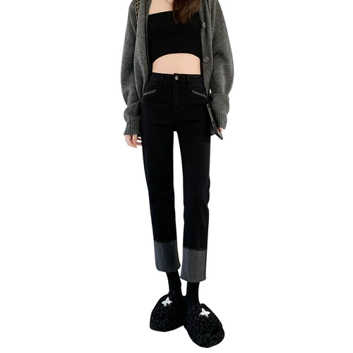 Джинсы, осенние штаны, флисовые леггинсы, коллекция 2023, по фигуре, высокая талия, свободный прямой крой