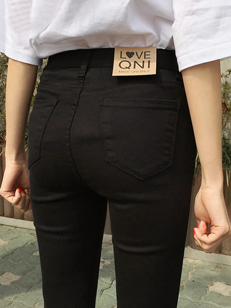Women's pencil pants women's 2021 new pure black high-waisted jeans women's eight-point slim thin feet long pants