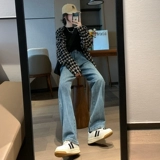 Джинсы, ретро сверхдлинные штаны, высокая талия, свободный прямой крой, осенние