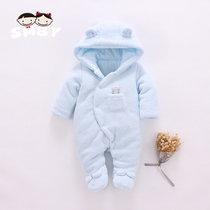 Baby jumpsuit autumn and winter wear cute thickened newborn clothes with feet Lamb hair male baby out autumn clothes