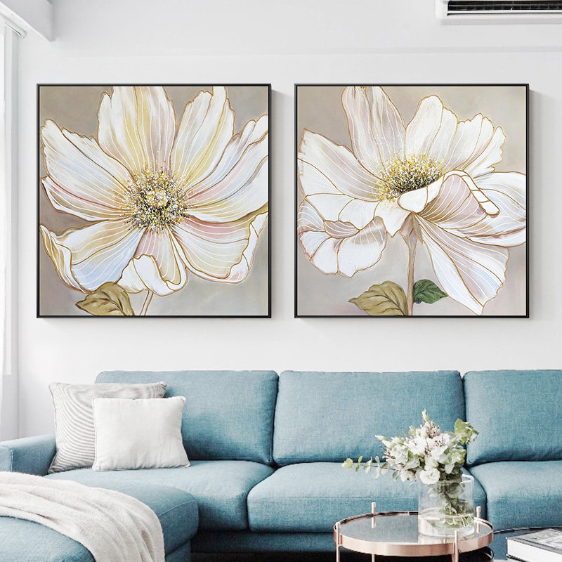 Flower oil painting modern minimalist living and dining room porch decoration hanging murals hand-painted gold foil light luxury creative double spell customization