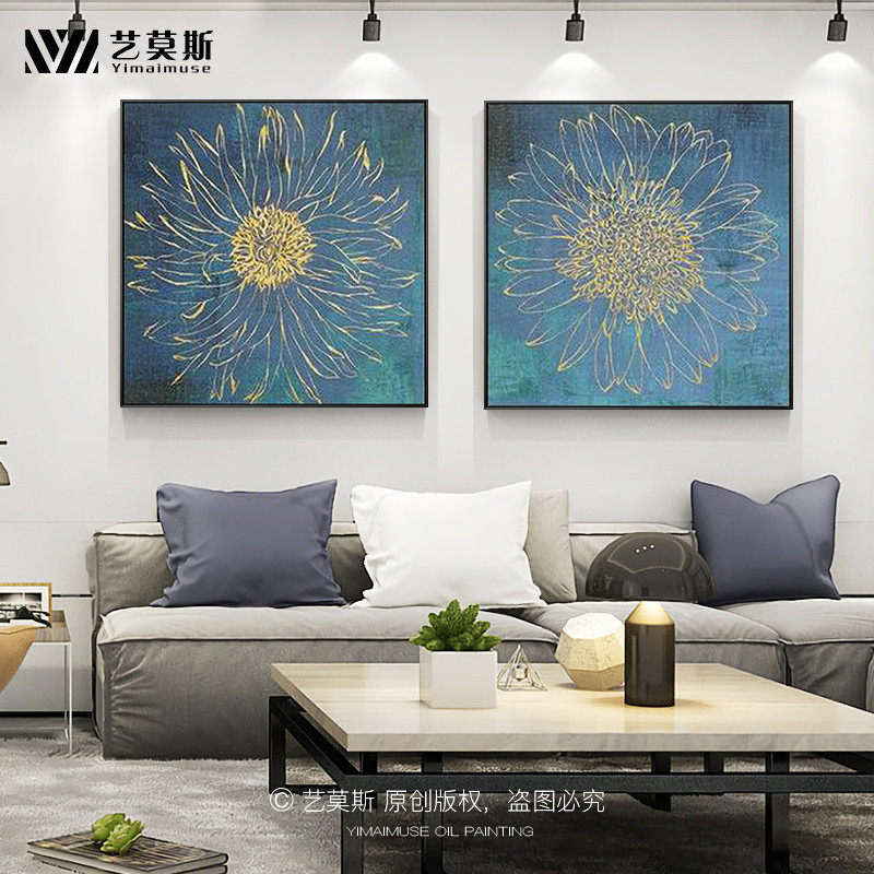 Gold foil color flower oil painting guest dining room porch decoration wall painting pure hand-painted light luxury American model room customization