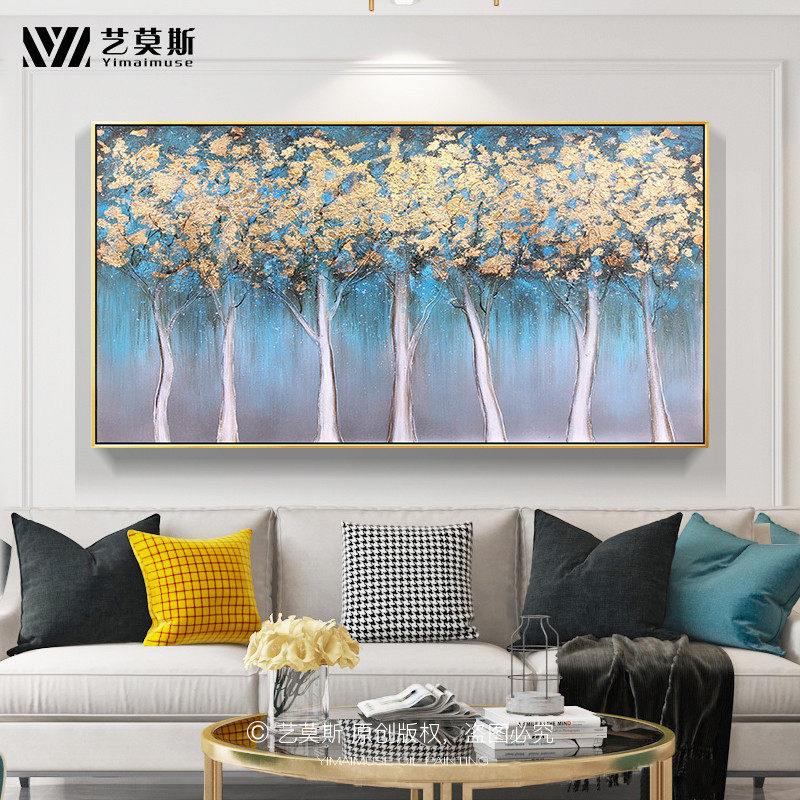Gold foil oil painting modern simple living room sofa background wall pure hand-painted light luxury golden tree abstract large customization