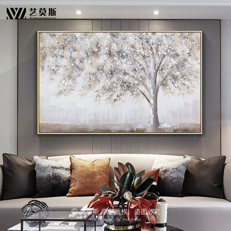Fortune tree oil painting modern minimalist living room sofa background wall decoration hanging mural abstract light luxury villa customization