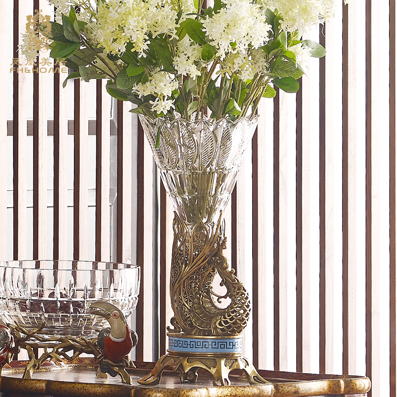 Phoenix Mercure European-style peacock transparent crystal glass high-footed copper base creative high-end vase villa flower