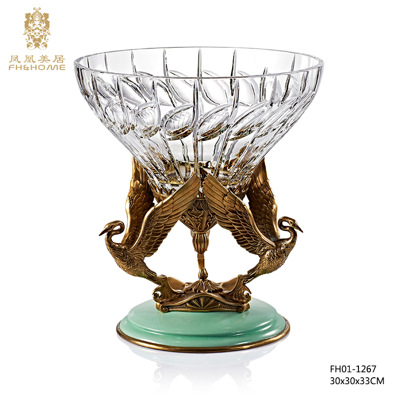 Phoenix Mercure luxury retro European Prague series double crane Czech crystal glass fruit plate living room decoration