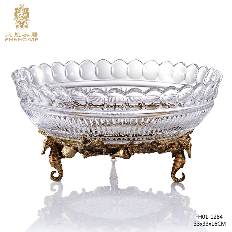 Phoenix Mercure European-style crystal glass with copper hippocampus round fruit plate large copper base round imported crystal plate