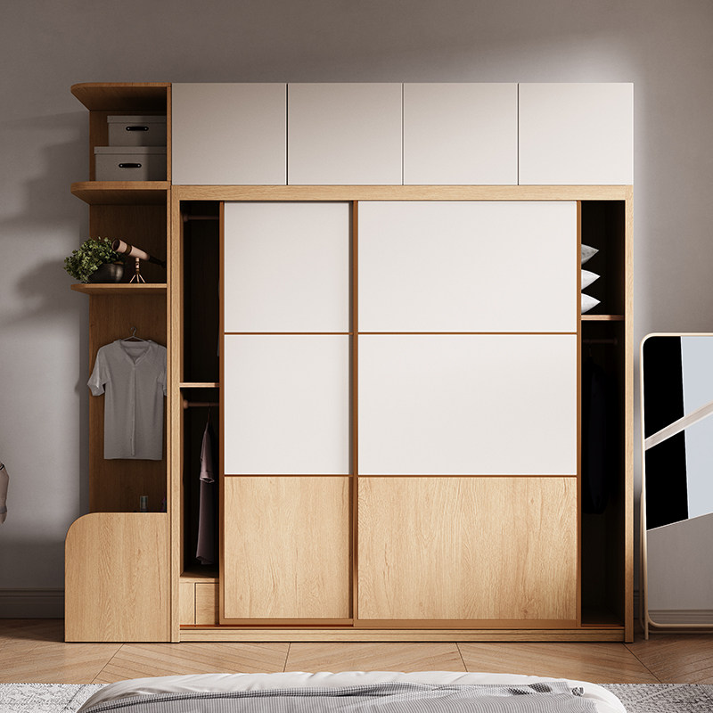 Nordic log color wardrobe sliding door home bedroom modern minimalist solid wood assembly overall sliding door wardrobe