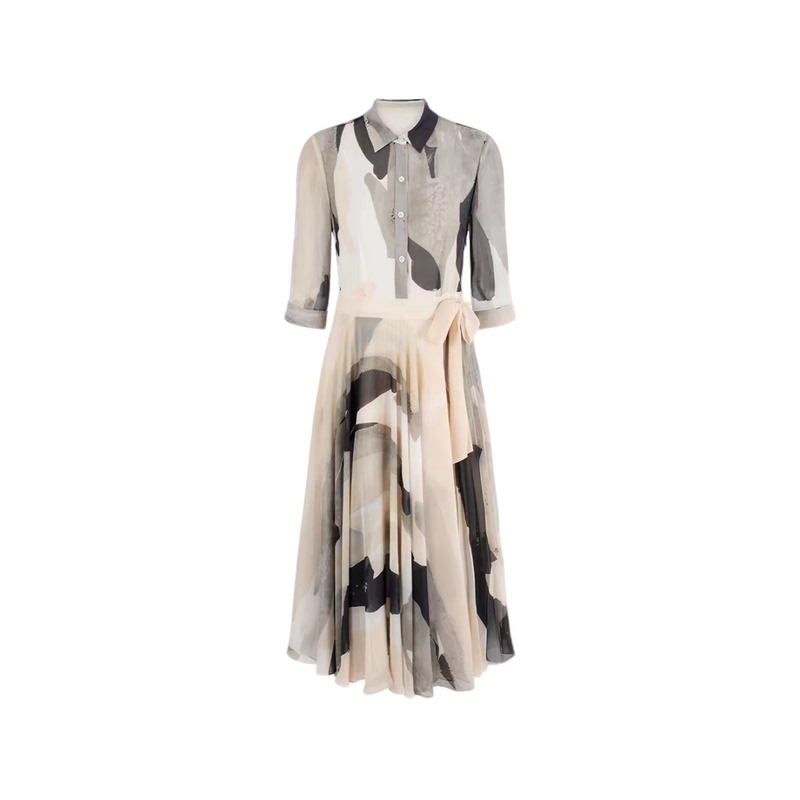 2026 Spring New Arrival Beige and Black Abstract Brushstroke Print Dress Lyq0562 2026 Spring New Arrival Beige and Black Abstract Brushstroke Print Dress Lyq0562