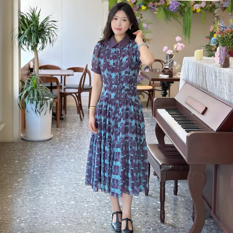 Summer New Retro Blue and Purple Lapel Puff Sleeve Printed Dress Lyq0279
