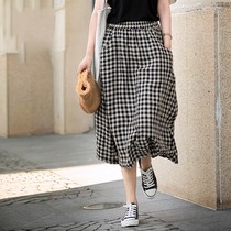 Plaid skirt female Spring and Autumn new literary retro elastic waist A- line dress high waist thin hanging knee long skirt