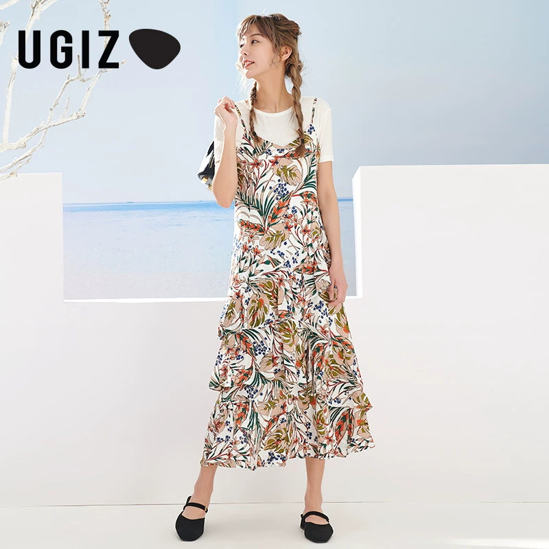 UGIZ mùa hè mới của phụ nữ phong cách Hàn Quốc thời trang hoa hoang dã váy địu dài giữa nữ UBOB566A - váy đầm