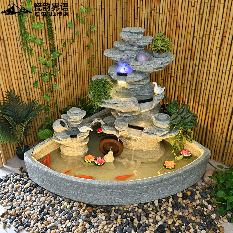 人工岩、流水噴水、魚のいる池、景観装飾、富を招く装飾品、屋外庭園、中庭、居間、バルコニー、循環式水景施設