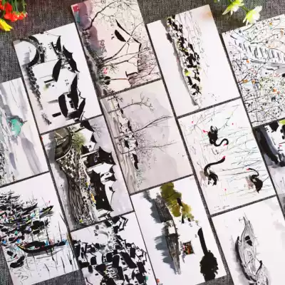 New Wu Guanzhong ink painting postcard 15 sets of retro Chinese style Jiangnan landscape Chinese painting greeting card copy card