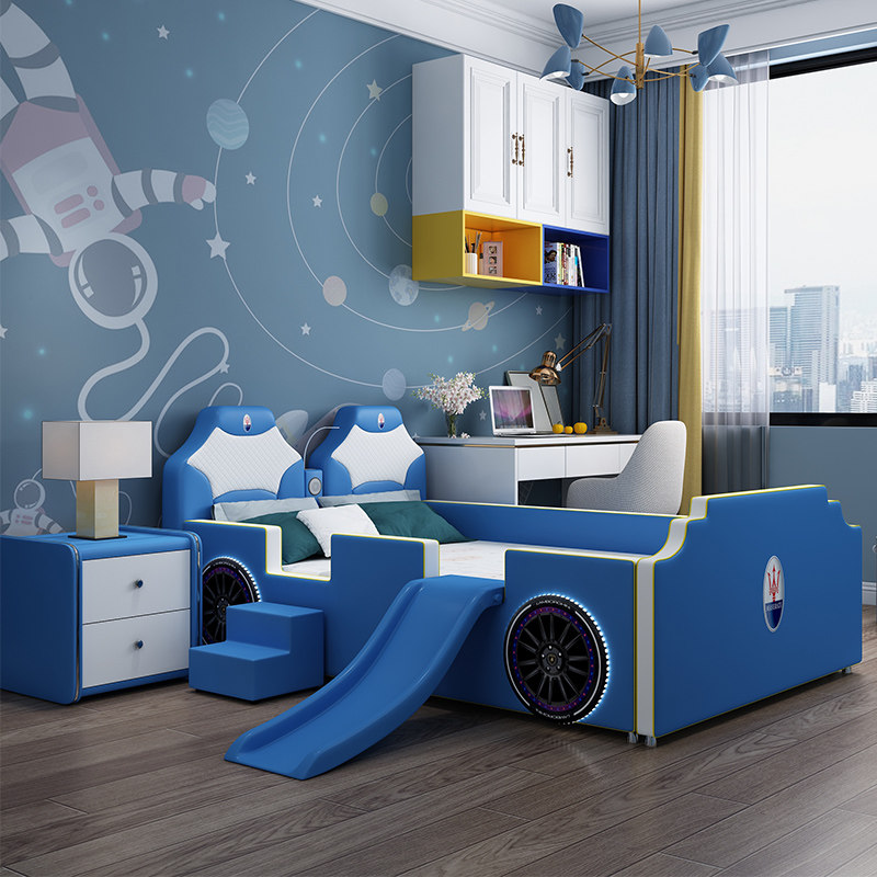 Children's bed Boy small car 1 5 m Teen House Brief Modern Solid Wood Storage 1 2 m Slide Ladders Single Bed