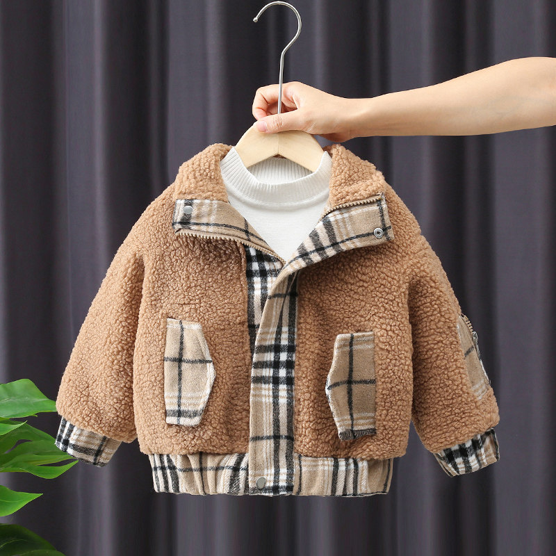 Boy Autumn Winter Clothing Jacket 2021 New Foreign School Children Thickening Clip Cotton Baby Winter Lamb Sweater Tide