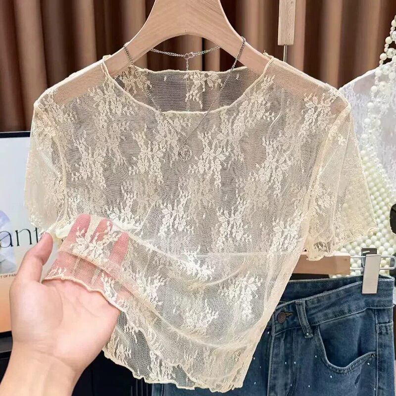 White Lace Short-Sleeve T-Shirt with Ruffled Edges and Hollow-Out Design, Summer Slip Dress Inner Layer, Anti-Exposure Short Mesh Top for Women White Lace Short-Sleeve T-Shirt with Ruffled Edges and Hollow-Out Design, Summer Slip Dress Inner Layer, Anti-Exposure Short Mesh Top for Women
