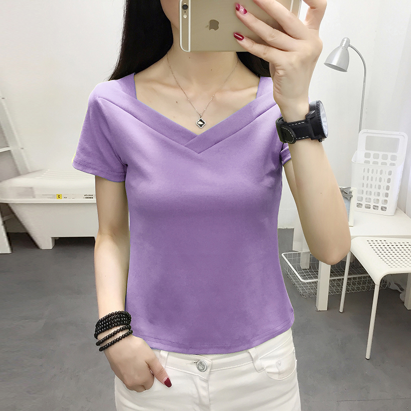 Taro purple 2020 summer new short-sleeved T-shirt women's cotton V-neck top clothes Korean fashion half-sleeve T-shirt tide