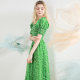 2022 New Green French Small Floral Dress One Word Neck First Love Long Skirt Large Swing Waist Thin Skirt