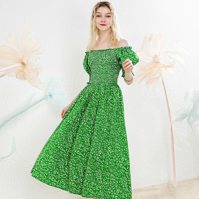 2022 New Green French Small Floral Dress One Word Neck First Love Long Skirt Large Swing Waist Thin Skirt