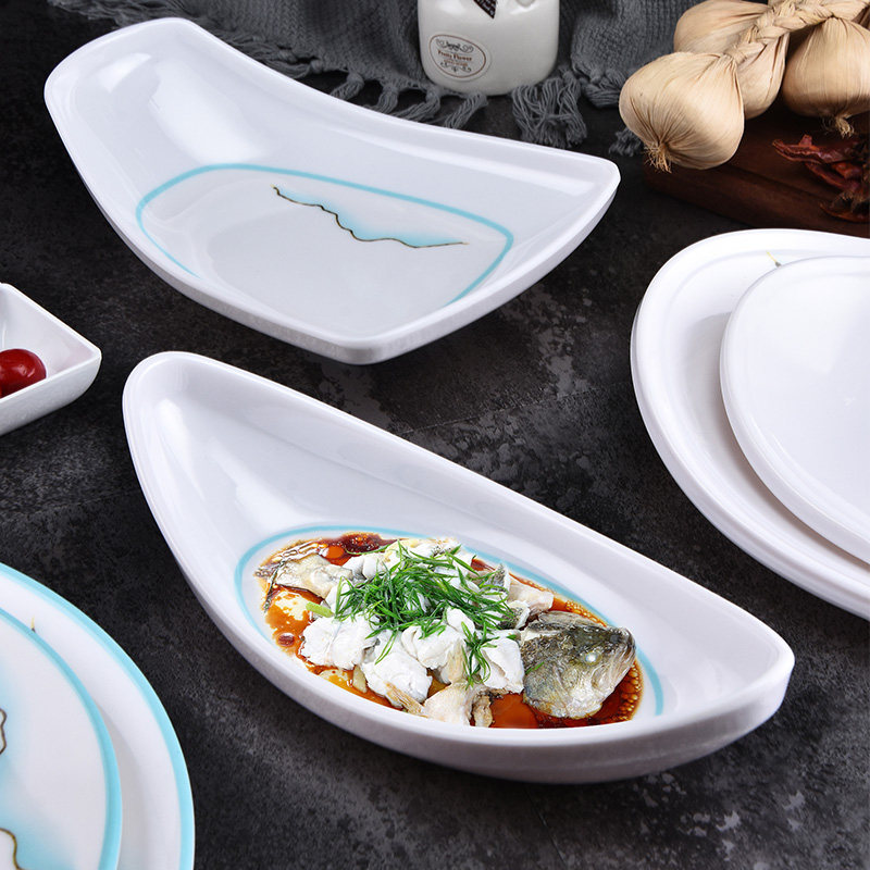 Imitation Porcelain Specialty Hotel Cutlery Plate Western dining snack tray Rectangular Plate Soup Pan Commercial Melamine plastic boat shaped tray
