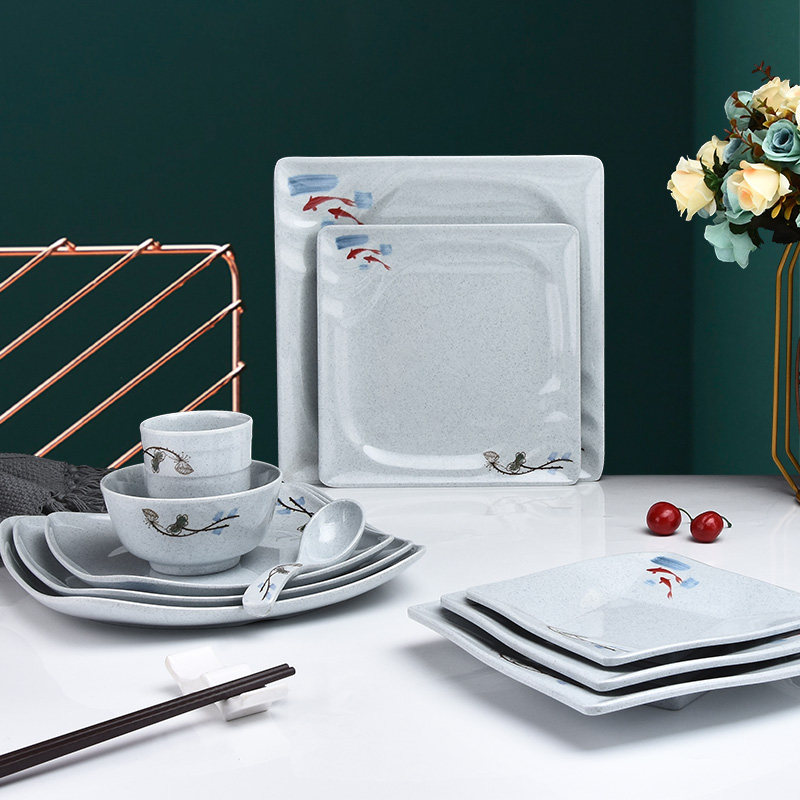 Top grid imitation porcelain plastic square plate fast food cold dish plate cover rice plate dining room restaurant melamine resin plate commercial