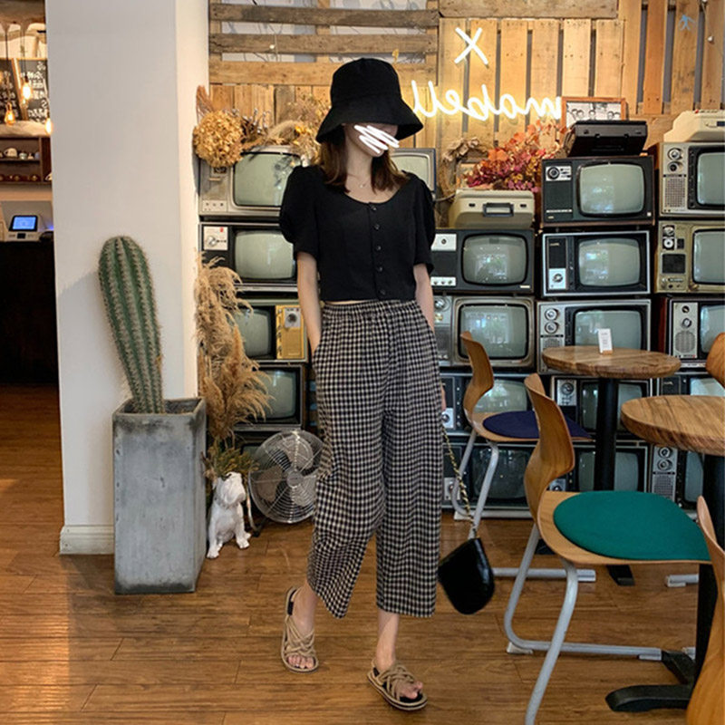 Salt series fried street small man Western style age-reducing celebrity small fragrance wide pants suit two-piece summer Western style plaid