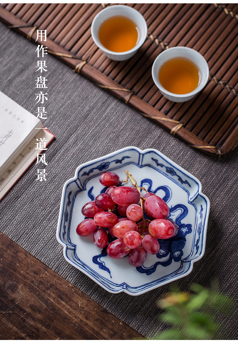 Pure hand - made yuan blue and white porcelain pot bearing ceramic saucer archaize mud grain dry terms plate compote snack plate hexagonal plates