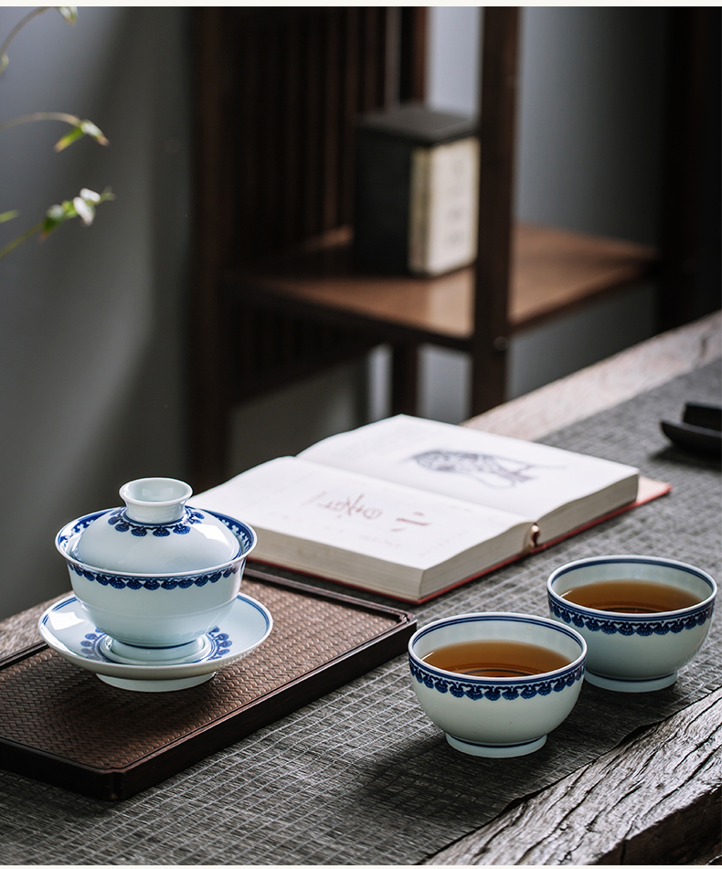 Only three tureen of blue and white porcelain cup single pure manual hand - made ceramic tea bowl large jingdezhen kung fu tea set