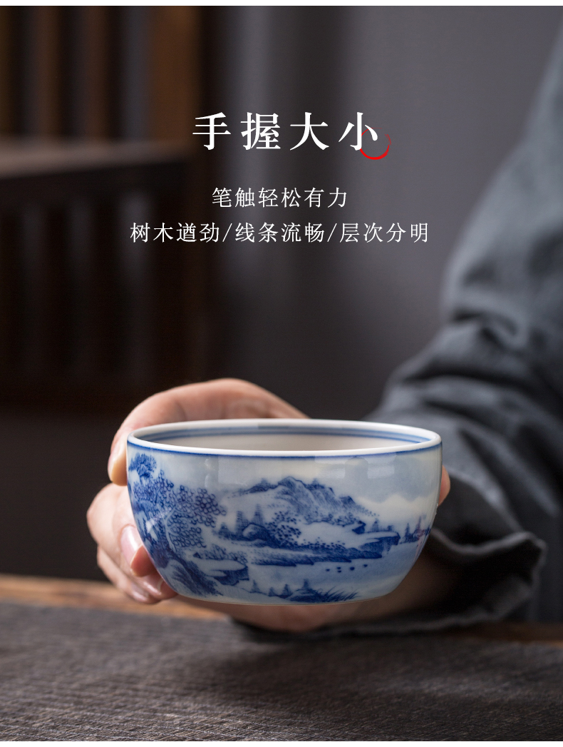 Blue and white master cup single cup large ceramic sample tea cup pure manual jingdezhen tea bowl full hand - made scenery cup