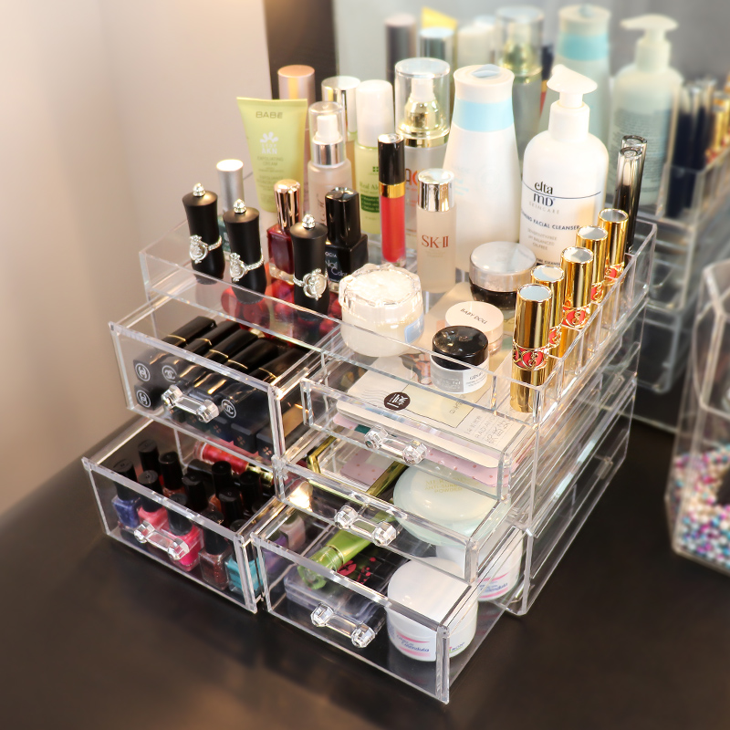 Desktop Cosmetic Storage Box Transparent Makeup Desk Finishing Skin-care Plip Red Drawer containing box Dust-proof Big Number Composition