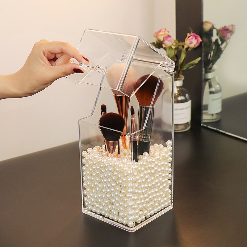 Makeup Brushes Containing barrel Desktop Beauty Makeup Pen Holder acrylic brow Eye Line Dust-proof transparent clamshell with lid Pearl