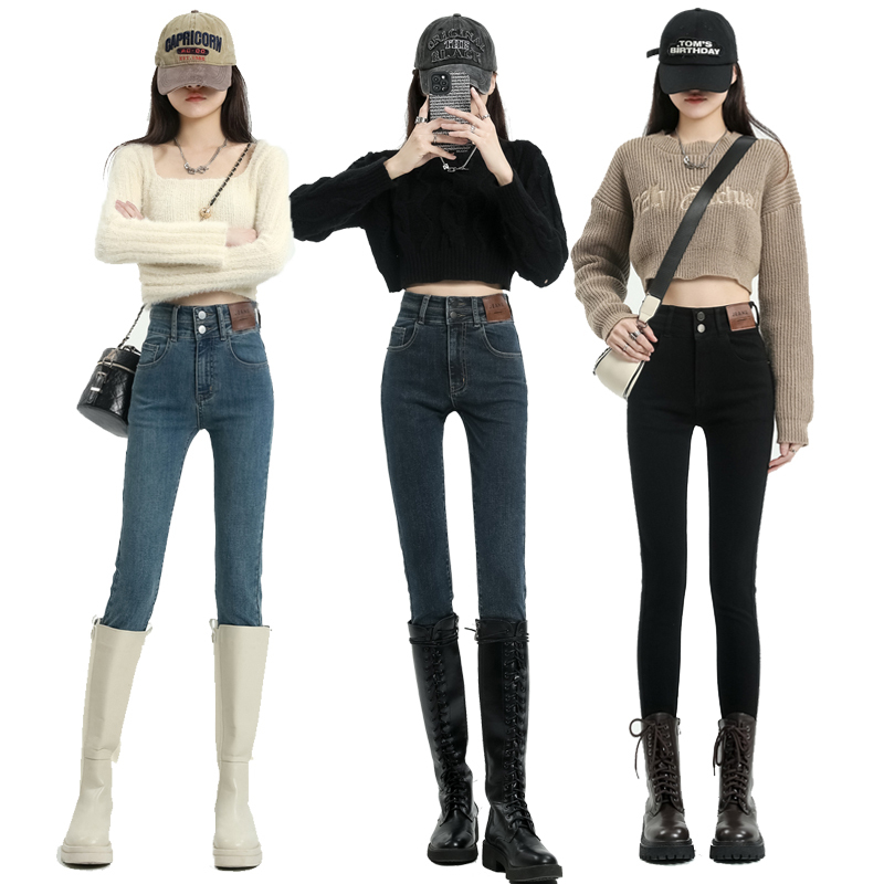 Skinny Jeans for Women 2026 New Popular Style Black Fleece-Lined High-Waisted Slimming Pencil Pants Autumn and Winter