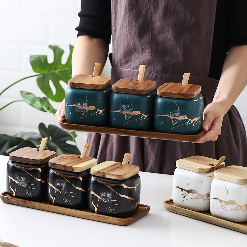 ins Golden marbled ceramic seasoning tank Oil Salt jar household seasoning box kitchen condiment seasoning bottle set