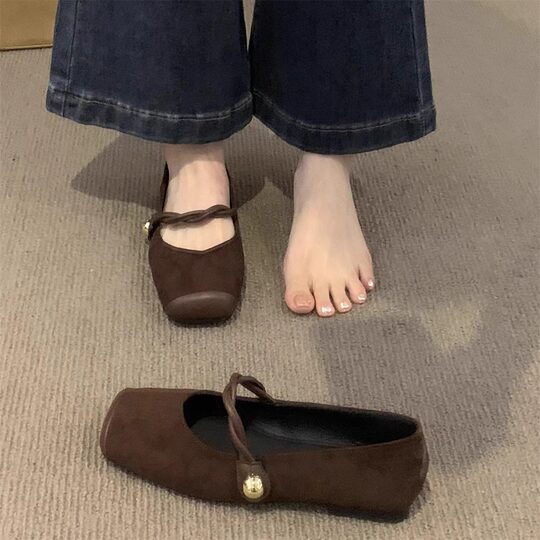 Square-Toe Women's Shoes, Spring 2025 New Style, French Flat Soft-Soled Slip-On Buckle Strap, Elegant Shallow Mary Jane Shoes