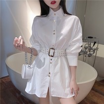 South Korea 2020 new internet red temperament loose with slim long sleeve female polo collar belt with long shirt blouses
