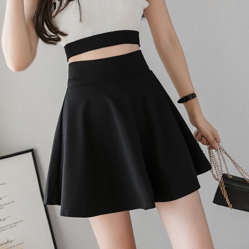 Korean black half-length pleated skirt women's summer high-waist a-line skirt fat mm high-waist anti-light short skirt big swing skirt