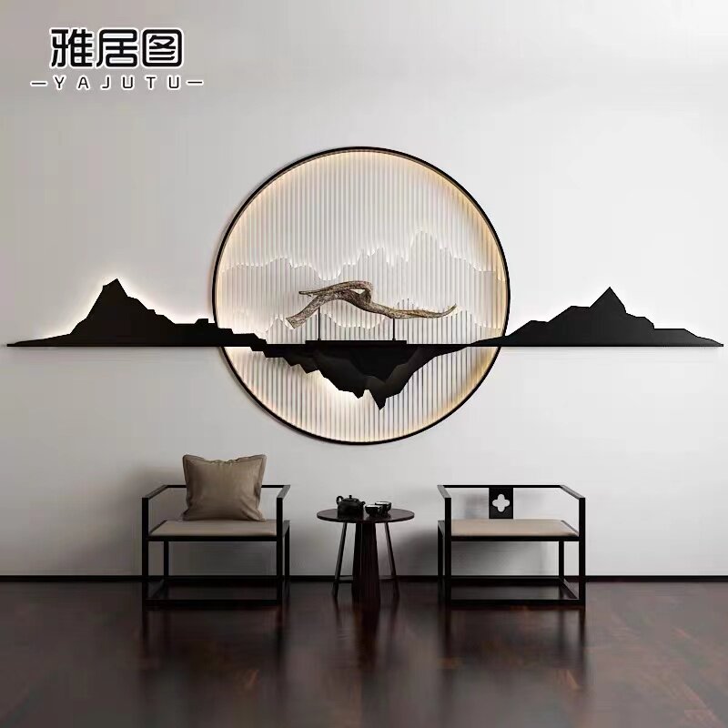 New Chinese Zen round background wall decoration pendant metal iron decoration creative porch tea hall wall decoration