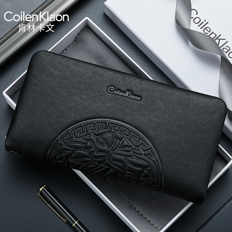 CoilenKlaon men's wallet leather long version zipper clutch pure cowhide large capacity casual clutch for men